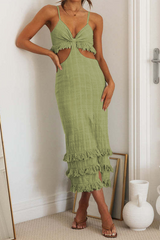 Deep V Neck Cutout Slim Fit Tassel Trim Slit Hem Midi Strappy Dresses-White