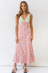 Colorblock Floral Print V Neck Tie Up Backless Maxi Tank Dresses-Black