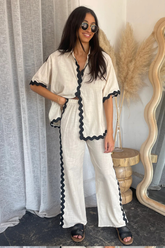 Colorblock Wavy Trim Half Sleeve Blouse Wide Leg Pants Matching Set-Beige