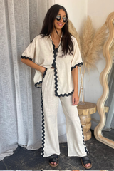 Colorblock Wavy Trim Half Sleeve Blouse Wide Leg Pants Matching Set-Beige