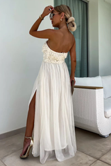 Floral Textured Pattern Strapless A-Line Slit Flowy Maxi Dresses-White