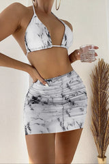 Halter Pattern Print Ruched Mini Skirt Bikini Three Pieces Set