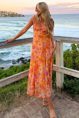 Floral Print Boat Neckline Tie Up Wide Strap A-Line Midi Dresses-Orange