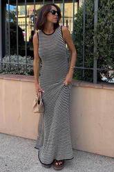 Striped Pattern Round Neck Slim Fit Knit Maxi Tank Dresses-Black