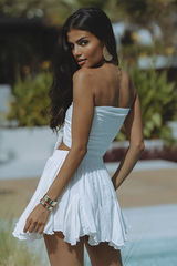 Strapless Tie Up Crop Top High Waist Ruffled Mini Skirt Matching Set-White