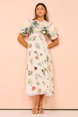 Vacation Mixed Prints Puff Sleeve A-Line Midi Dresses-Beige