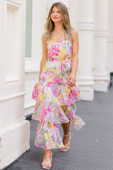 Spaghetti Strap Floral Print Tied Up Tiered Maxi Dresses-Pink