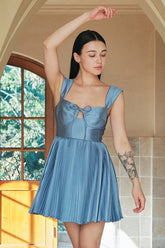 Tied Up Pleated Sweetheart Neck A-Line Mini Cami Dresses-Blue Pre Order