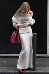 Off Shoulder Long Sleeve Oversized Sweater Knit Midi Skirt Matching Set-Beige