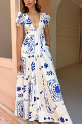 V Neck Puff Sleeve Cinch Waist Boho Print Vacation Maxi Dresses-Beige