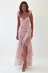 Floral Print Cami Asymmetrical Ruffled Slit Maxi Dresses-Pink