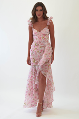 Floral Print Cami Asymmetrical Ruffled Slit Maxi Dresses-Pink