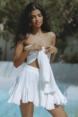 Strapless Tie Up Crop Top High Waist Ruffled Mini Skirt Matching Set-White