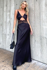 V Neck Cutout Lace Patchwork Backless Maxi Strappy Dresses-Black