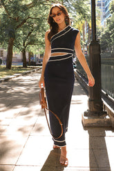 One Shoulder Ric Rac Trimmings Sleeveless Maxi Dresses-Navy Pre Order