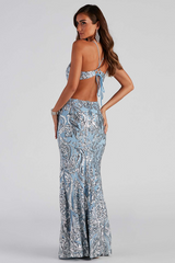 Sequin Pattern V Neck Cutout Backless Party Gowns Maxi Slip Dresses-Blue