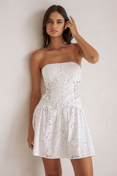 Floral Pattern Hollow Out Strapless Cinch Waist Mini Dresses-White Pre Order