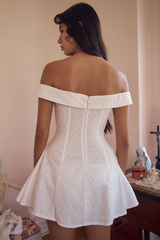 Off Shoulder Cinch Waist Jacquard Mini Dresses-White