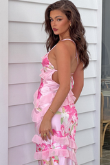 Floral Print Asymmetric Flounced Trim Backless Slip Maxi Dresses-Pink