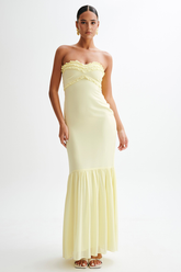 Frilled Strapless Slim Fit Pleated Fishtail Maxi Dresses-Yellow Pre Order