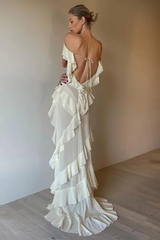 Off Shoulder Flounced High Slit Backless Maxi Dresses-Pink