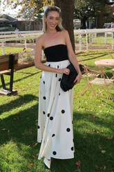 Strapless Colorblock Polka Dot Print A-Line Maxi Dresses-Black