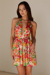 Floral Print Halter Neck Backless A-Line Mini Dresses-Red