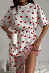 Heart Print Mesh Patchwork Short Sleeve T-shirt Midi Dresses-White