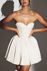 Sweetheart Neckline Strapless Cinch Waist Back Lace Up Mini Dresses-White