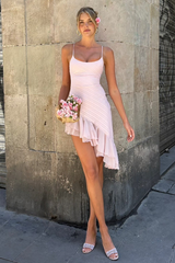 Spaghetti Strap Slim Fit Flounced Asymmetrical Mini Dresses-Pink Pre Order