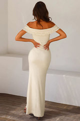 Ruffled Dropped Shoulder Twisted Ruched Slim Fit Maxi Dresses-Beige