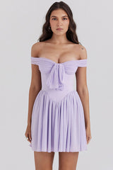 Off Shoulder Tie Up Bow Cinch Waist Ruched Mini Dresses-Purple