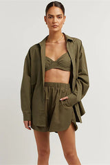 Long Sleeve Blouses Cami Crop Top 3pcs Shorts Set