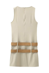 Round Neck Plain Slim Fit Double Belts Sleeveless Mini Dresses-Khaki