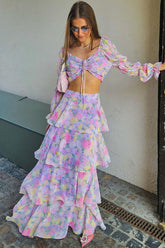 Tie Up Crop Top Layered Maxi Skirt Floral Matching Set-Purple Pre Order