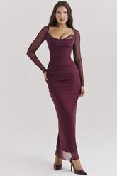 Lace Trim Corset Long Sleeve Bodycon Back Slit Maxi Dresses-Burgundy