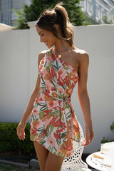 One Shoulder Floral Print Ruched Tie Mini Dresses