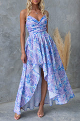 Floral Print V Neck Asymmetric Hem Vacation Maxi Dresses-Purple