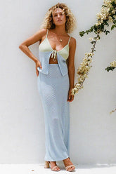 Tied Up Cami Top Slim-Fit Midi Skirt Vacation Textured Knit 2pcs Set-Blue