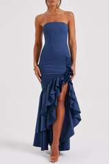 Strapless Bodycon Asymmetric Ruffled Slit Formal Party Maxi Dresses-Blue