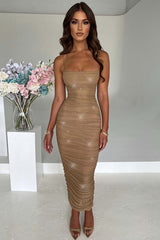 Ruched Bronzing Back Slit Formal Party Slip Maxi Dresses