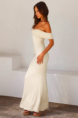 Ruffled Dropped Shoulder Twisted Ruched Slim Fit Maxi Dresses-Beige