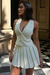 Deep V Neck Button Up Waistcoat Pleated Mini Skirt Matching Set-White