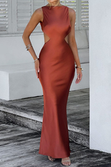 Solid Color Backless Slim Fit Satin Maxi Tank Dresses-Brown