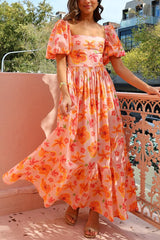 Puff Sleeve Square Neck Floral Print Pleated Vacation Maxi Dresses-Orange