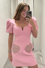 Irregular Neck Puff Sleeve Sequin Heart Pattern Slim Fit Mini Dresses-Pink