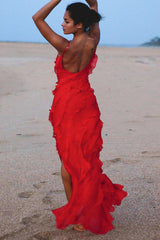 Ruffled Slit V Neck Backless Prom Slip Maxi Dresses