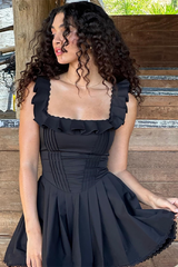 Ruffled Trim Square Neck Cinch Waist Sleeveless Pleated Mini Dresses-Black