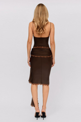Lace Trim Slim Fit Tie Up Streamer Spaghetti Strap Midi Dresses-Brown