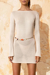 Knit Long Sleeve Open Back Slim Fit Beach Mini Dresses-Beige